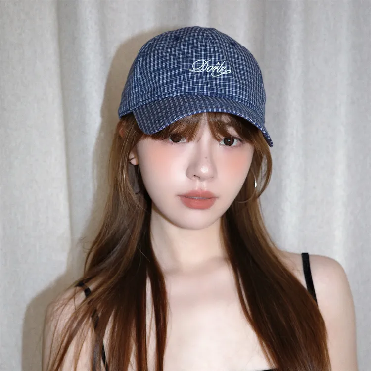 韩系格子字母刺绣棒球帽子女百搭宽檐大头围显脸小鸭舌帽男复古