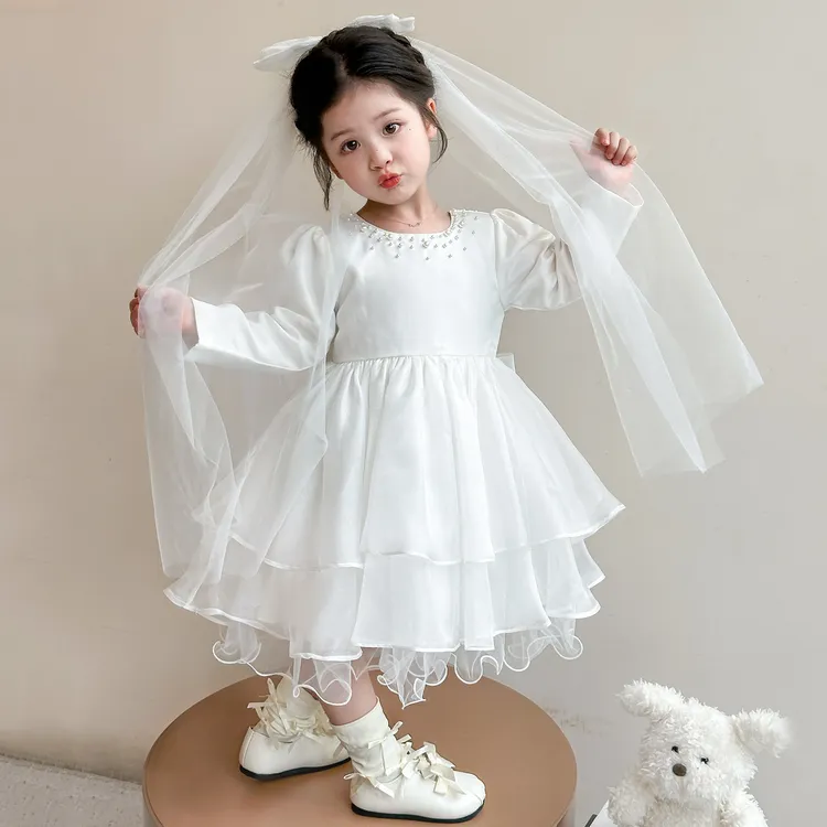 女童秋季连衣裙儿童白色纱裙小女孩主持人礼服宝生日公主蓬蓬裙子