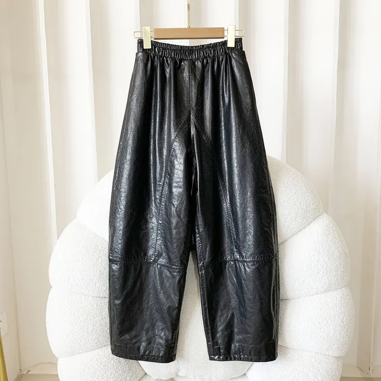 极简风松紧腰高腰秋冬哈伦裤百搭油蜡牛皮休闲裤显瘦九分弯刀皮裤