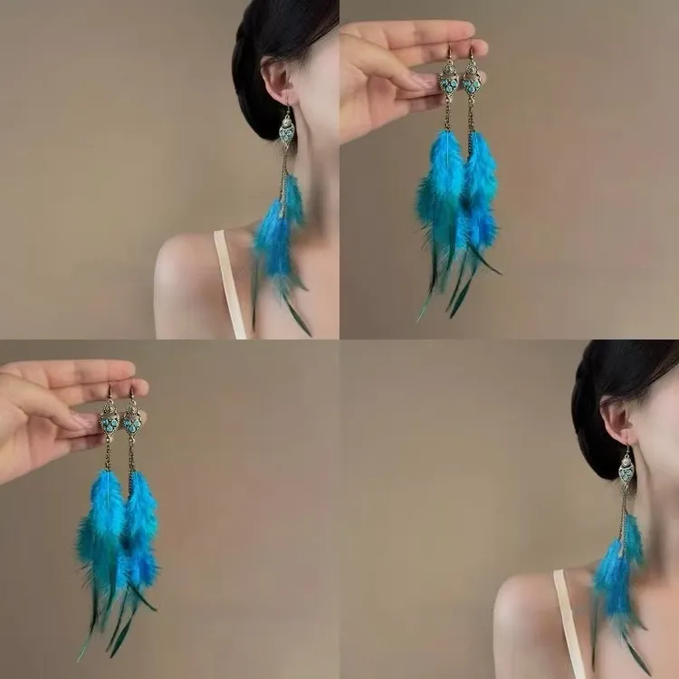 合金羽毛耳饰 孔雀翎蓝~羽毛耳坠小众个性波西米亚女长款度假耳饰