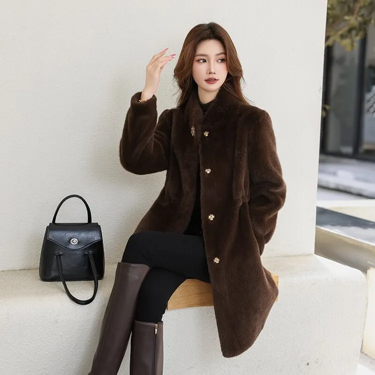 8815秋冬翻领常规款中长款中长外套宽松开衫厚款毛绒上衣时尚百搭