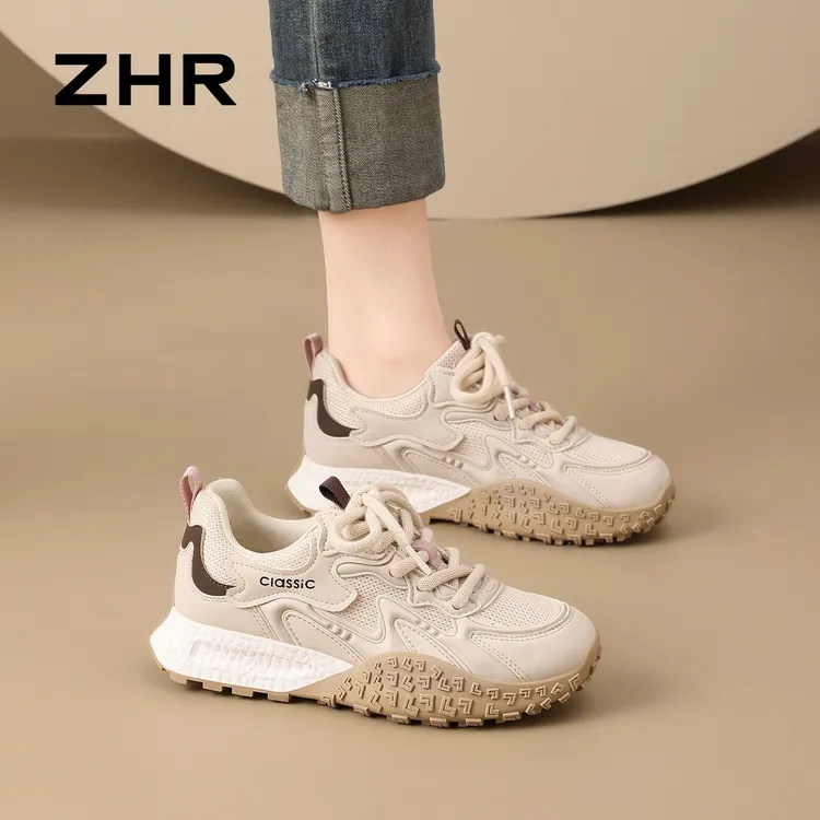 ZHR/则则真皮跑步鞋女2025秋季新款休闲运动鞋百搭透气舒适德训鞋