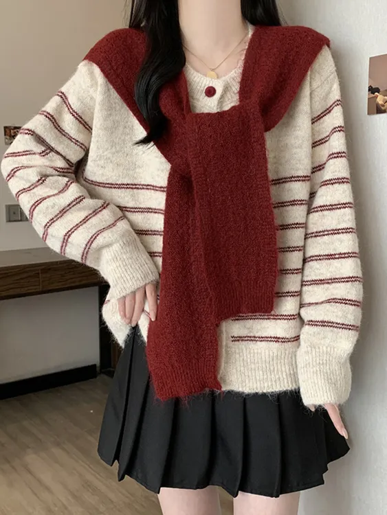 韩系条纹圆领披肩针织开衫女2025秋冬新款宽松百搭慵懒风毛衣上衣