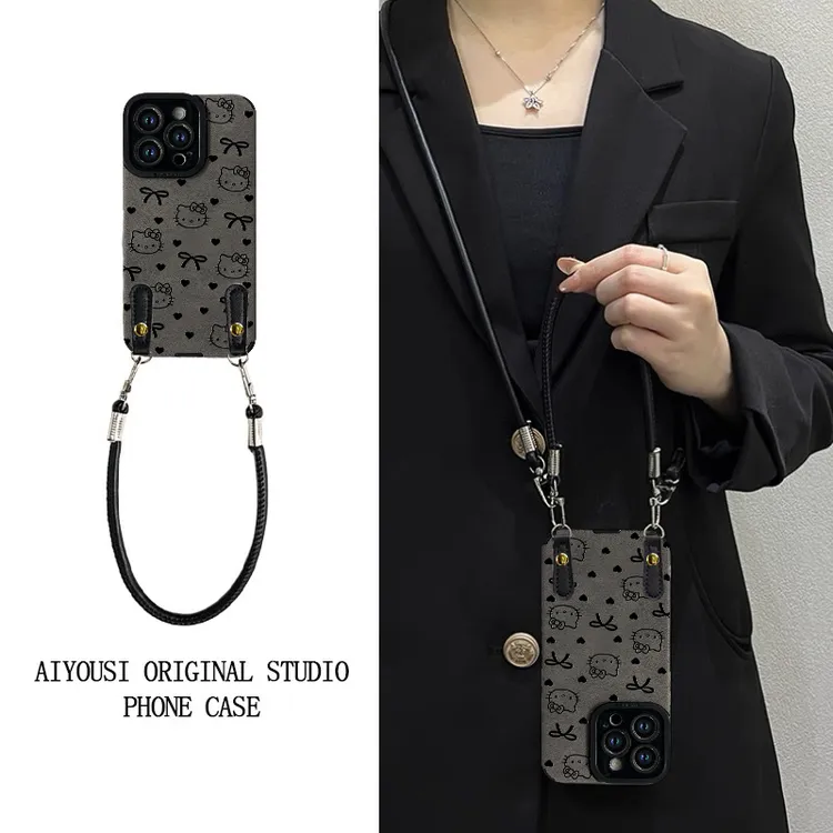 轻奢高级瞳眼羊巴皮手机壳适用于苹果16华为OPPO小米VIV斜挎绳