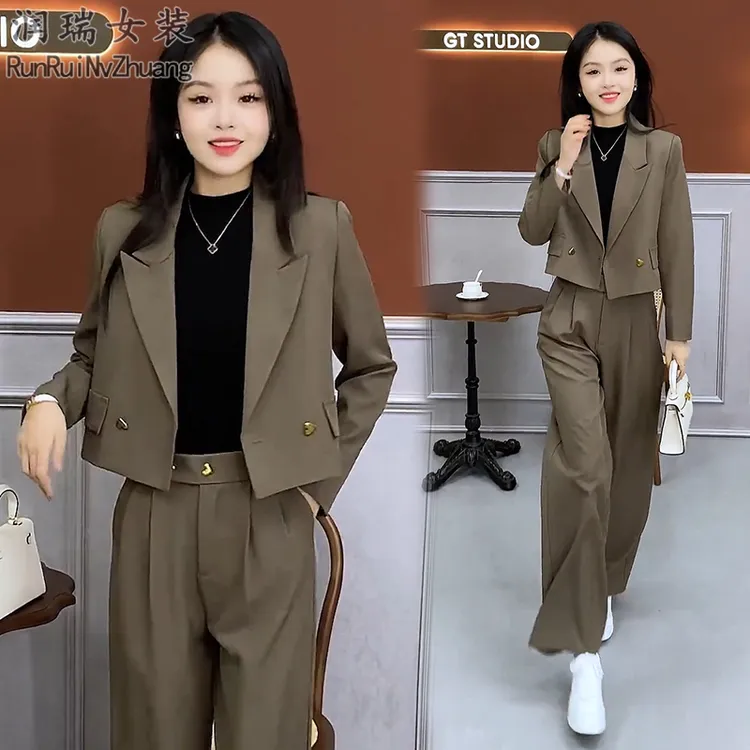 极简风时尚套装女2025秋季新款小个子气质西装短外套阔腿裤两件套
