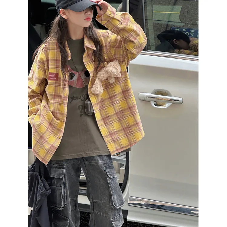 K29612孙小美潮流女童格子衬衫2025新款秋装儿童外套大童春秋上衣
