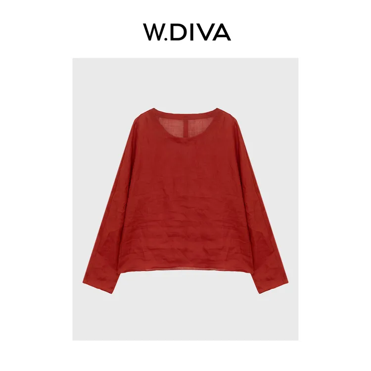 W.Diva【馥郁玫瑰】天然苎麻轻薄肌理微透感圆领长袖小衫52S172415