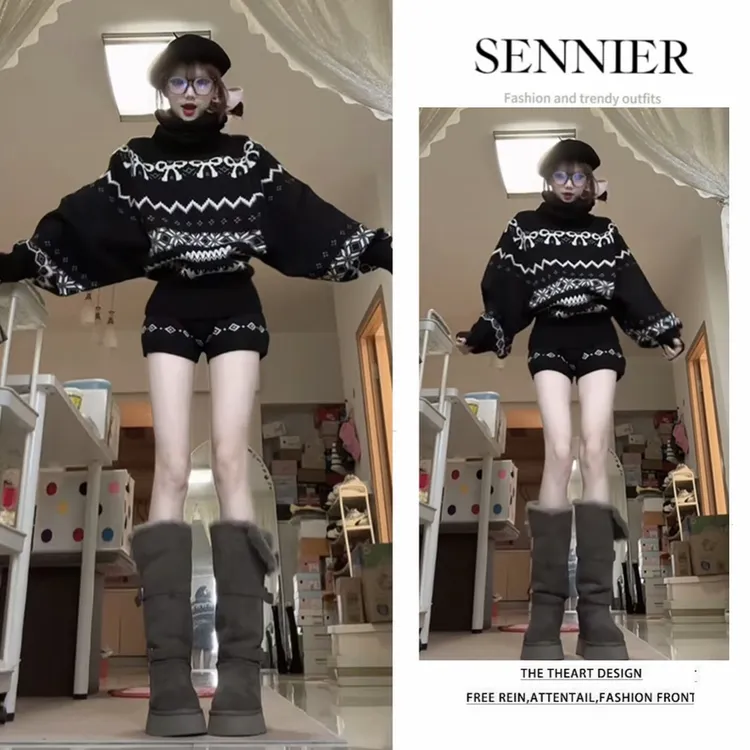 2025秋季新款时尚穿搭女复古费尔岛套头针织长袖百搭短裤两件套装