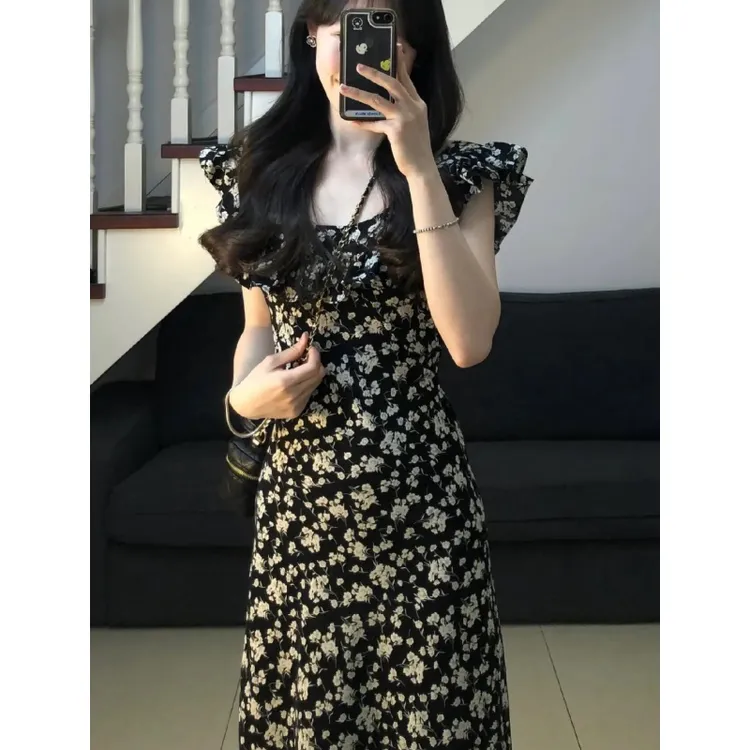 175高个子加长碎花连衣裙女夏季2025新款茶歇复古收腰小飞袖长裙
