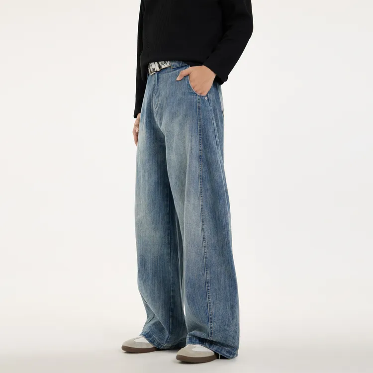 竹节纹baggy弯刀牛仔裤男日系水洗复古长裤美式街头休闲裤秋冬女