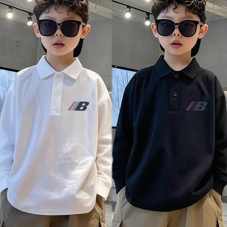 白色宽松长袖衬衫男女童纯棉polo衫春秋内搭打底衫中大童翻领上衣