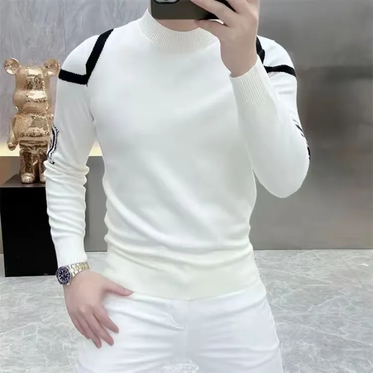 男士针织毛衣圆领简约条纹高品质时尚休闲潮流保暖修身毛衣半高领