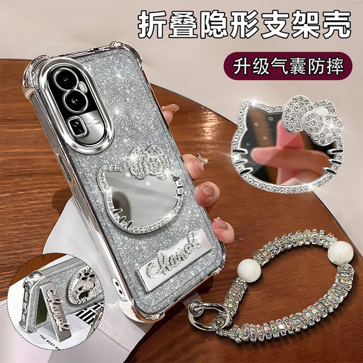 适用于【OPPO】Reno10创意轻奢水钻KT猫镜子电镀四角气囊防摔壳女