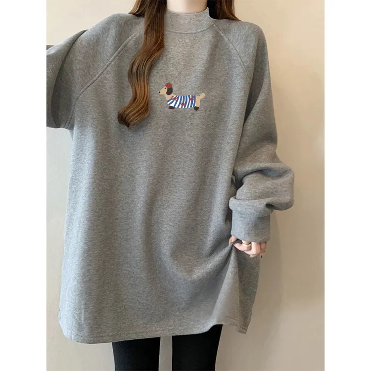 加绒加厚宽松大码半高领长袖T恤女遮肚搭配鲨鱼裤中长款秋冬上衣