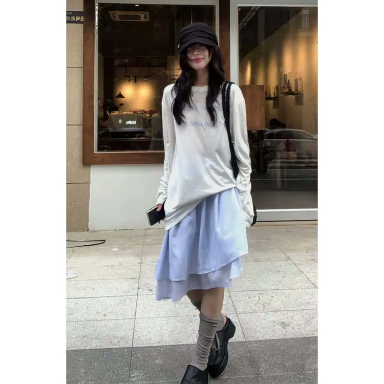 2025早秋新款女韩系穿搭宽松印花圆领T恤上衣高腰不规则A字半身裙