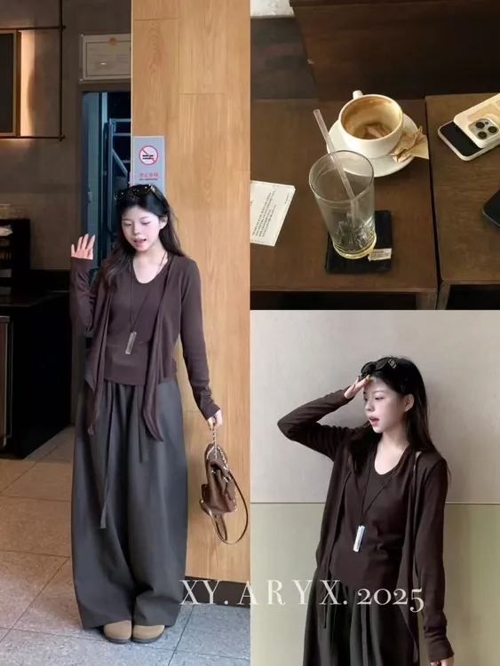 美式复古挂脖V领长袖打底衫女早秋新款洋气独特设计感两件套651
