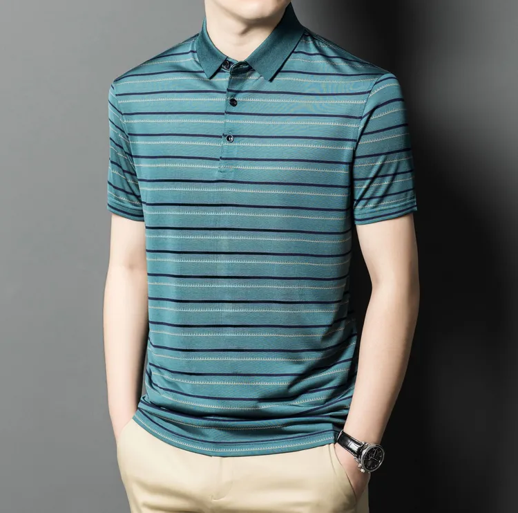 【7A抗菌重磅桑蚕丝】2025夏季男士短袖POLO衫t休闲时尚条纹高档T恤