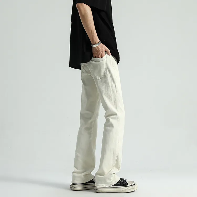 高街直筒牛仔裤男秋季2024新款高个子加长窄版显瘦米白色微喇裤子
