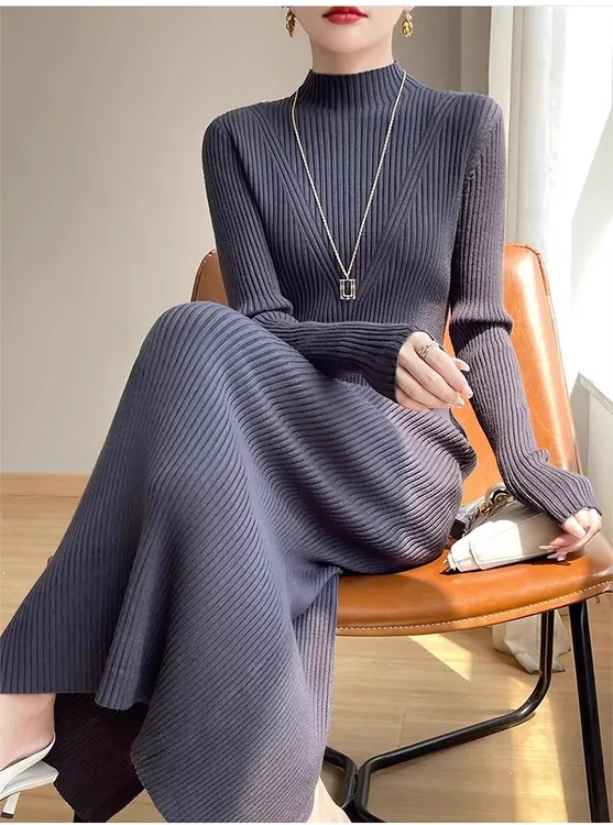 连衣裙女秋冬新款半高领高级感百搭显瘦内搭过膝针织打底长裙女