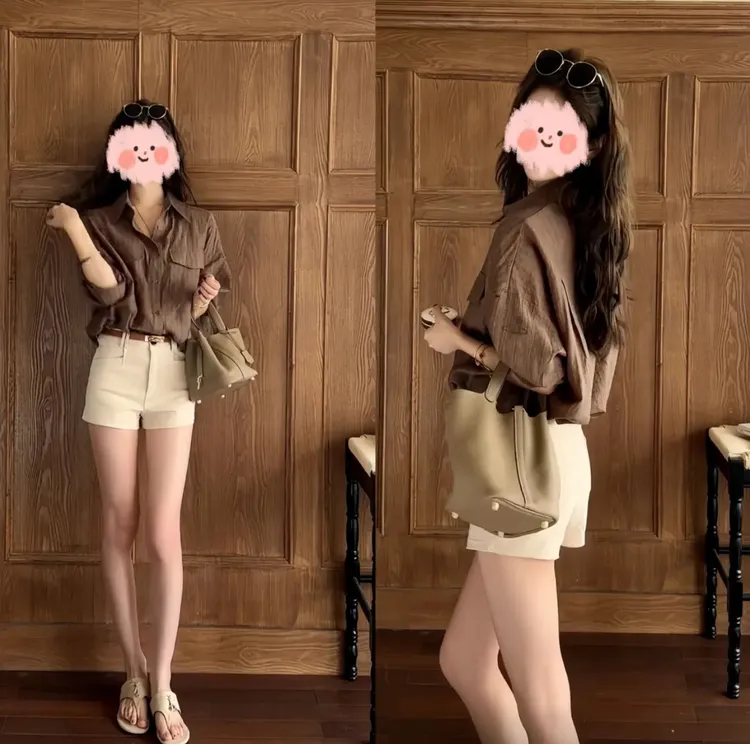 2025夏季新款薄款长袖防晒衬衫宽松上衣外套罩衫老钱风短裤两件套