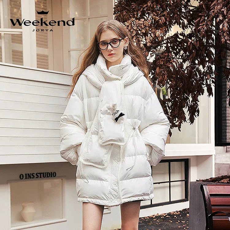 卓雅周末冬季帽子围脖抽绳收腰中长羽绒服外套Q260229C