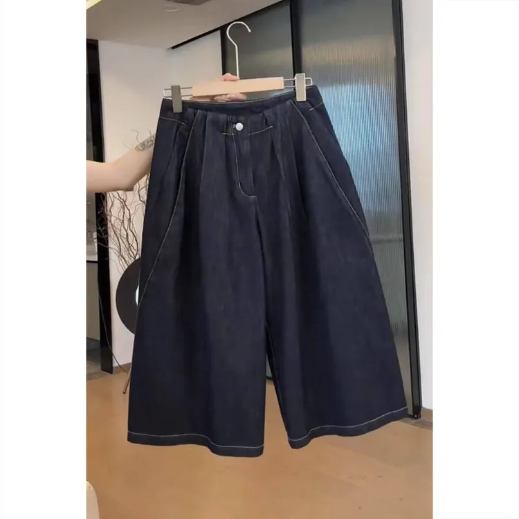 艾塔莉牛仔裤休闲夏季七分裤新款丹宁蓝牛仔裤宽松百搭纯色直筒裤