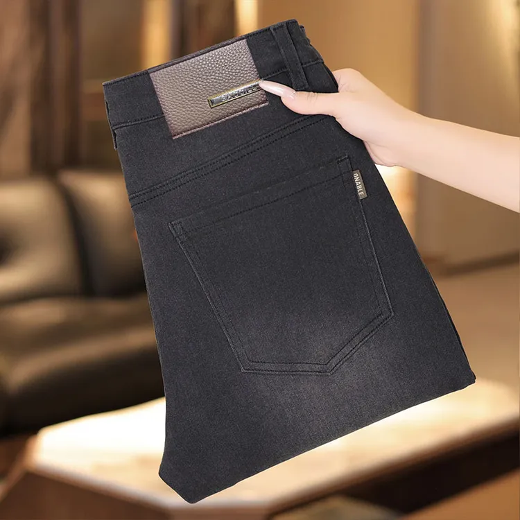 【高端顶奢】黑灰色牛仔裤男2025秋冬新款加绒厚款九分弹力直筒裤子