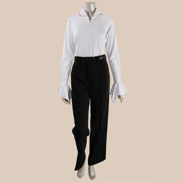 丹凯夏季女款女跳男步国标拉丁摩登舞服三步踩白色喇叭长袖上衣