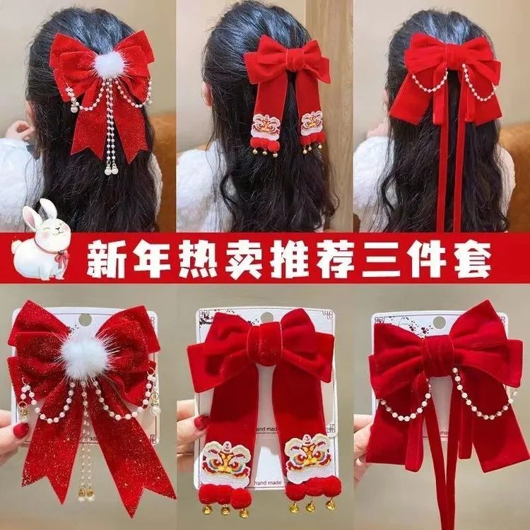 女童新年拜年发夹儿童红色大蝴蝶结发卡小女孩头饰后脑勺毛绒夹子