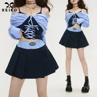 KEIKO 韩系绣标百褶半身裙2025秋季jk学院风拼色高腰A字制服短裙