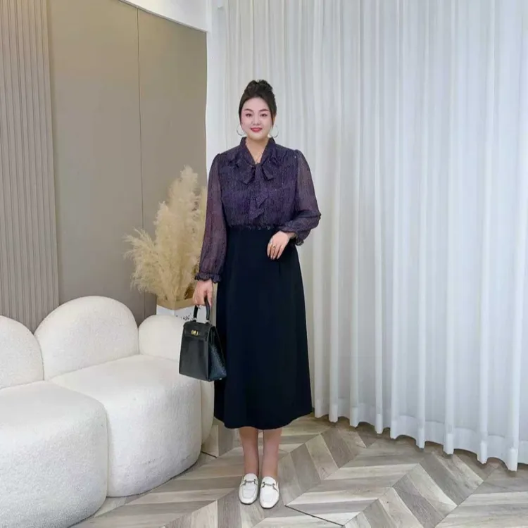 【现货梅姐定制】上新时尚显瘦假两件拼接长袖大码女装连衣裙MJ9487