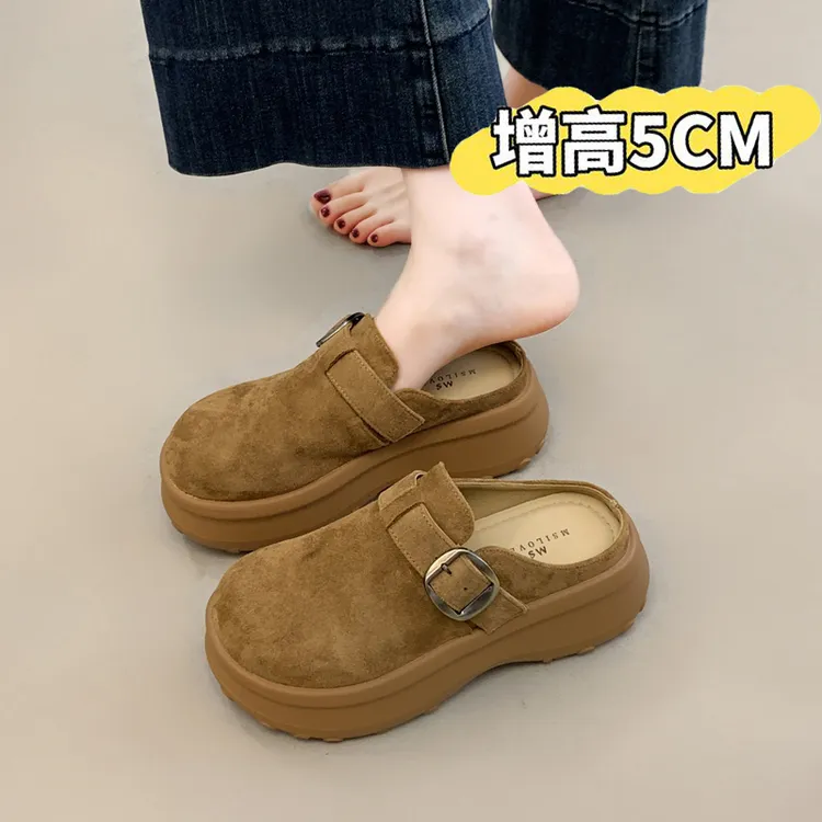 圆头勃肯厚底鞋松糕包头半拖鞋女外穿2025秋季新款小个子博肯单鞋
