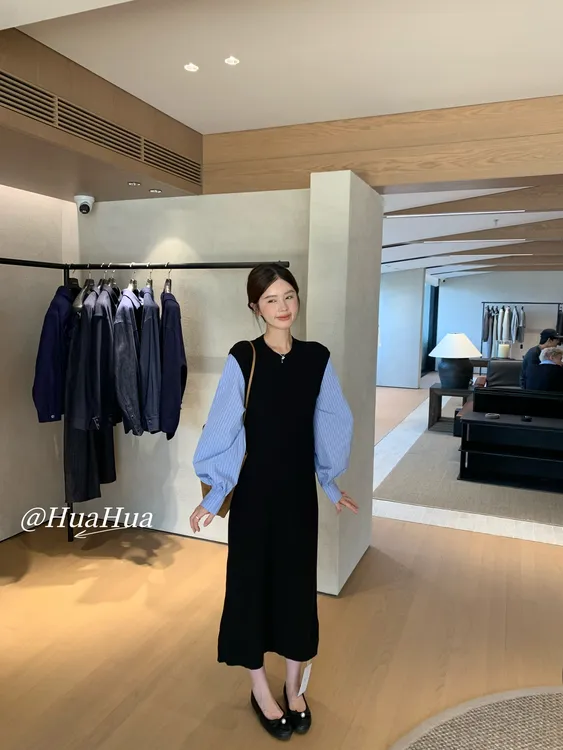 【花花】松弛步调~设计感假两件条纹灯笼袖宽松显瘦针织连衣裙
