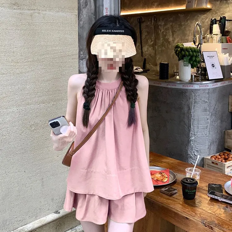 女装套装夏季慵懒套装宽松大码露肩无袖上衣+短裤两件套夏季背心