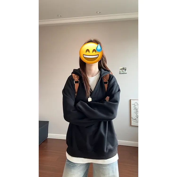 北极绒大V领假两件连帽卫衣男秋冬加绒设计感美式重磅宽松外套