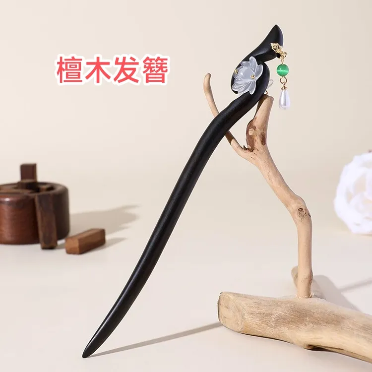 紫光檀黑檀木双面莲花发簪旗袍复古风古典檀木发簪流苏手工简约簪