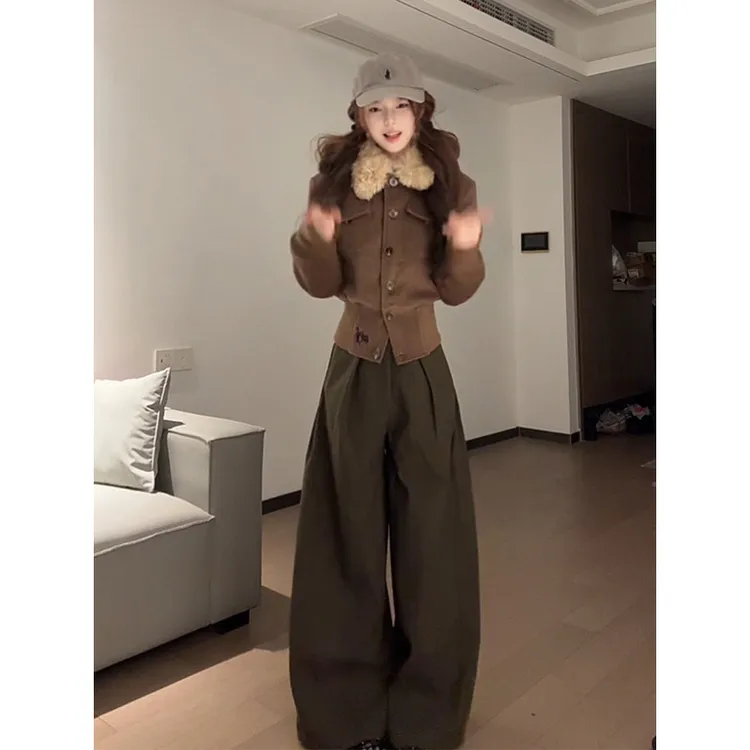 MARIE.COCO美式复古咖色短款修身毛领外套女高腰阔腿拖地裤套装