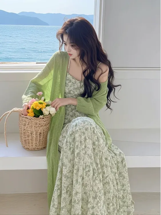 SS521小香风裙绿色碎花吊带连衣裙开衫外套女两件套气质高级感
