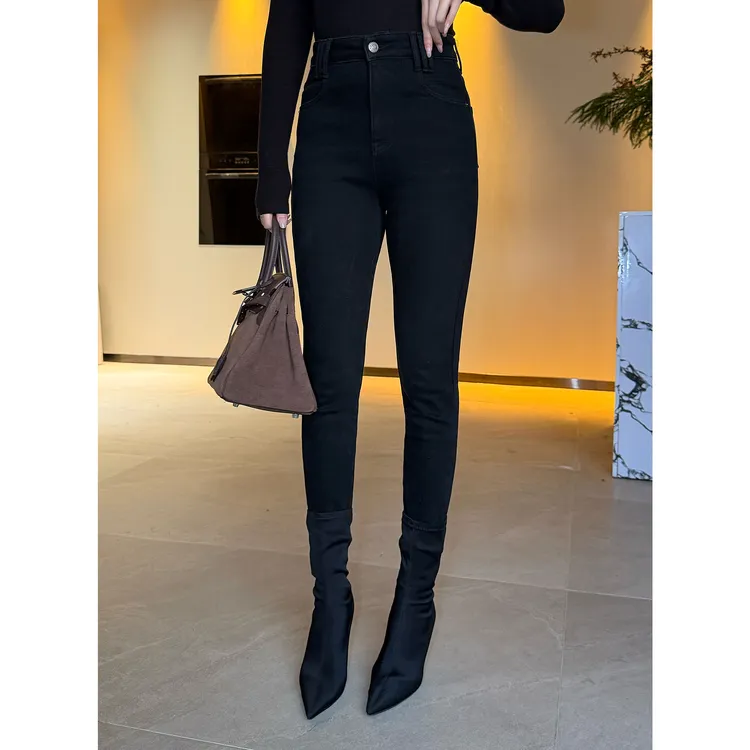 JIJINQI显瘦秋冬紧身长裤黑色经典风高腰加绒铅笔裤 JD11KNPT1871