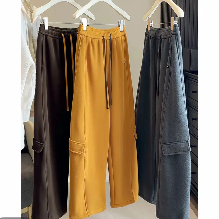 冬季新款加绒宽松显瘦两穿侧边大口袋阔腿休闲裤