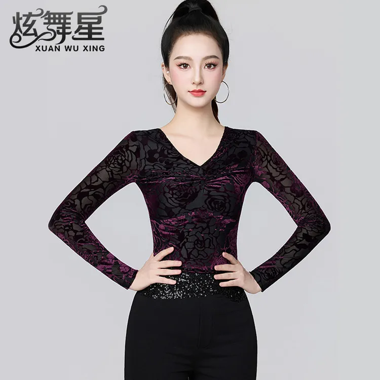 高级拉丁舞服气质V领摩登舞弹力练功服女时尚国标华尔兹连体上衣