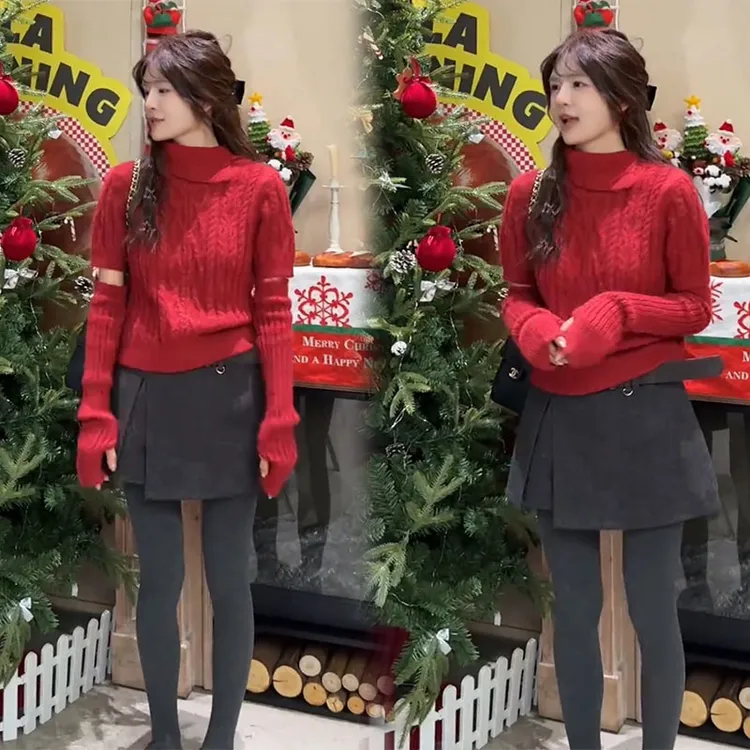 秋冬季圣诞复古气质高领麻花纹理短袖毛衣慵懒风温柔不规则短裙子