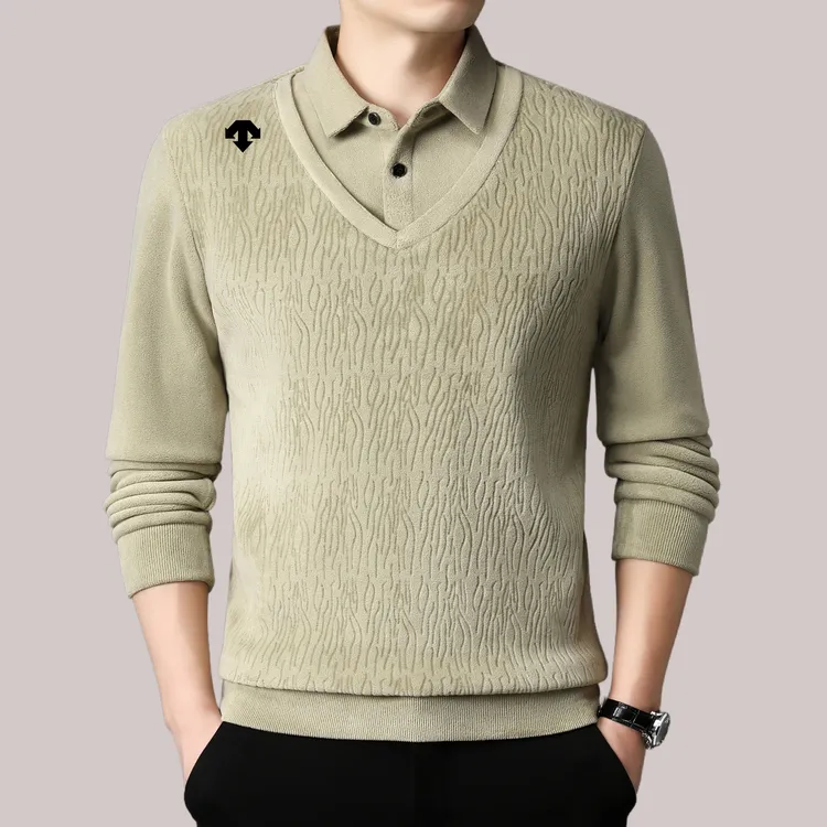 迪桑家磨毛保暖翻领修身型秋冬卫衣假两件男士休闲加绒加厚打底衫