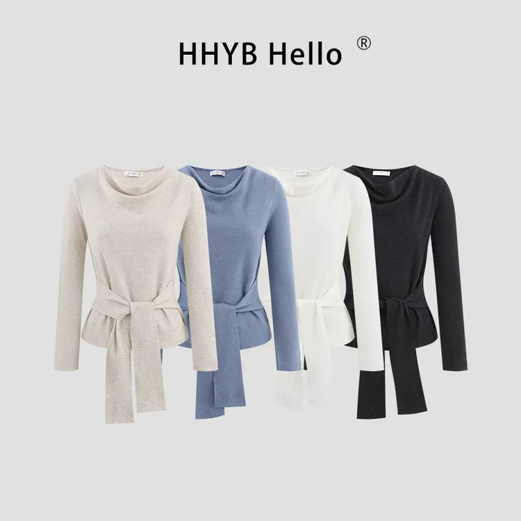 HHYB Hello荡领松弛腰带收腰毛针织衫上衣早秋新款上衣女M1551