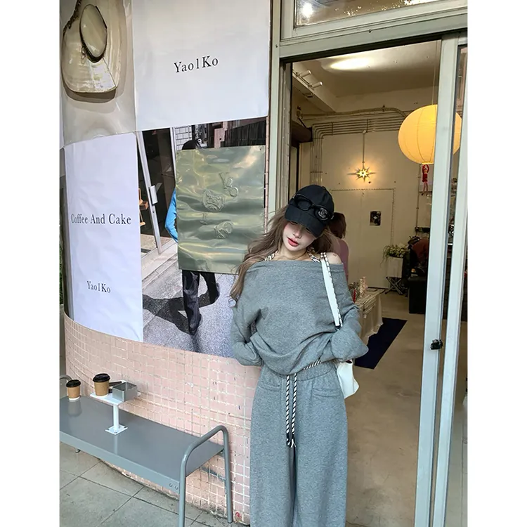 【七颗虾滑】休闲条纹拼接灰色慵懒感套装卫衣254A4858+254A4858-X