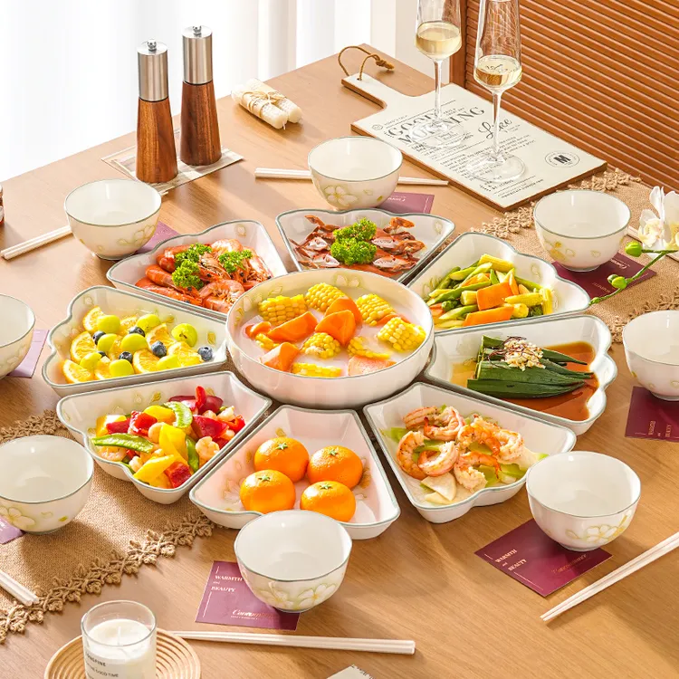 陶瓷高档黄金叶盘子过年年夜饭拼盘餐具全套家用组套合装家庭饭碗
