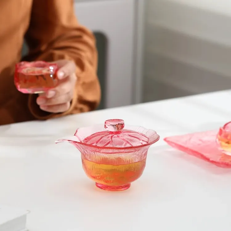 日式透明粉功夫茶具加厚盖碗琉璃杯女主人杯品茗杯高颜值女茶杯