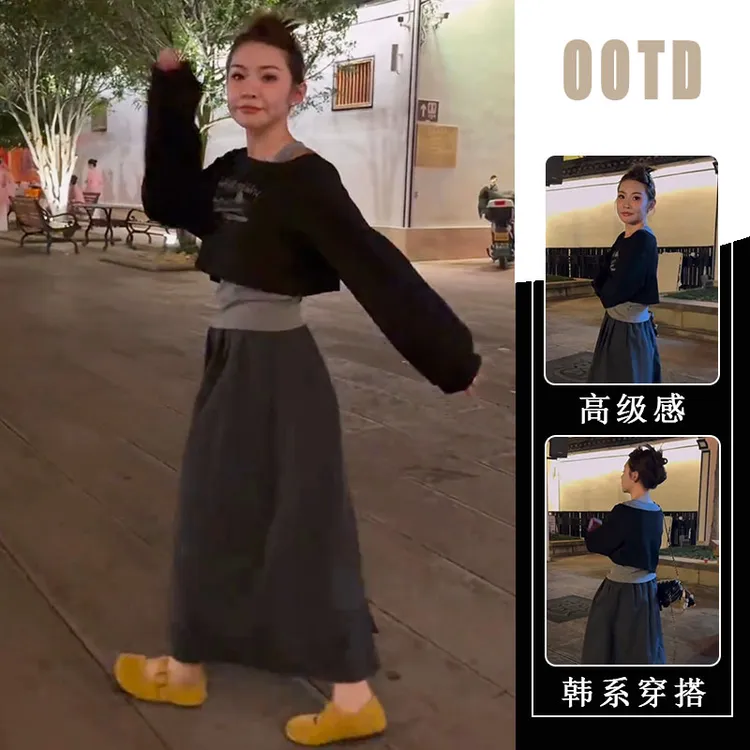 韩系早秋穿搭一整套新款韩系设计感复古印花上衣背心半身裙三件套