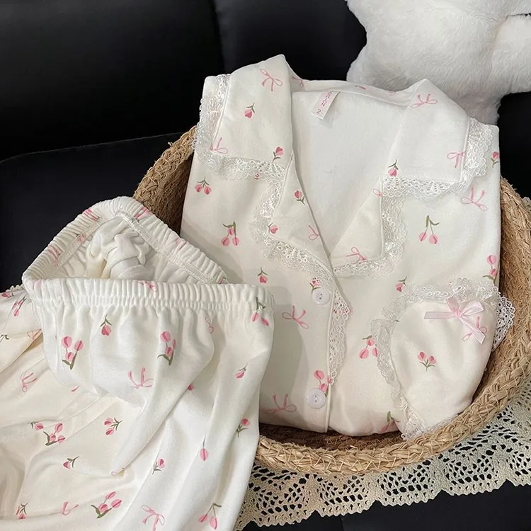 韩系少女小碎花德绒睡衣女秋冬季新款长袖长裤开衫保暖家居服套装