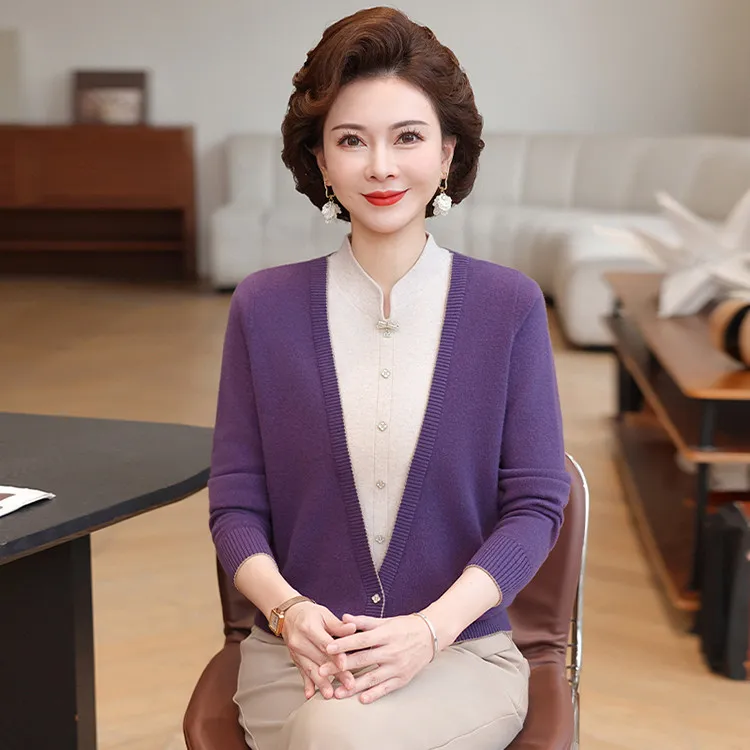 100%纯羊毛针织衫旗袍领中年妈妈装套头假两件气质中老年秋冬女士